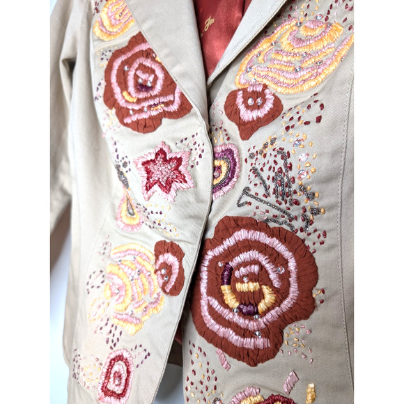 Liu Jo Y2K Boho Floral Embroidered Beaded Sequin Artsy Whimsical Khaki Jacket 10 - Picture 4 of 9